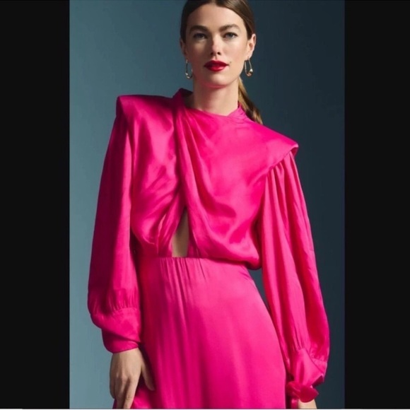 Farm Rio $260 Maxi Shoulder Pad Long-Sleeve Cutout Dress in Pink Size Small - Picture 3 of 5